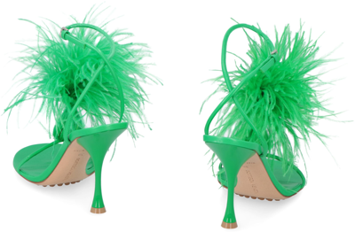 Bottega Veneta Dot Feather-trimmed Leather Sandals In Green | ModeSens