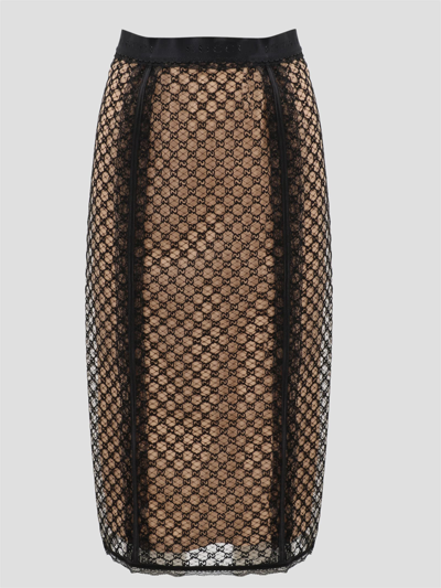 Shop Gucci Mesh Gg Longuette Skirt In Black