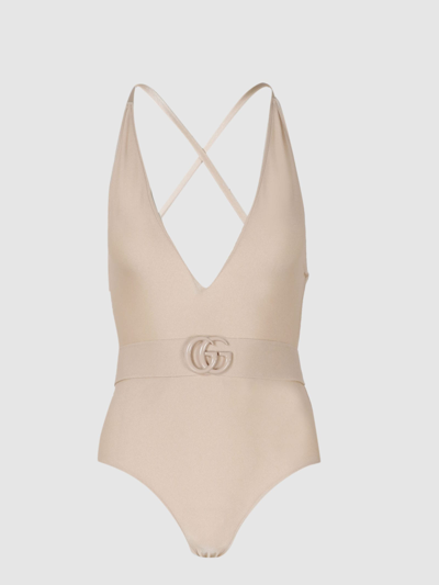 Shop Gucci Gg Belt Swimsuit In Nude & Neutrals
