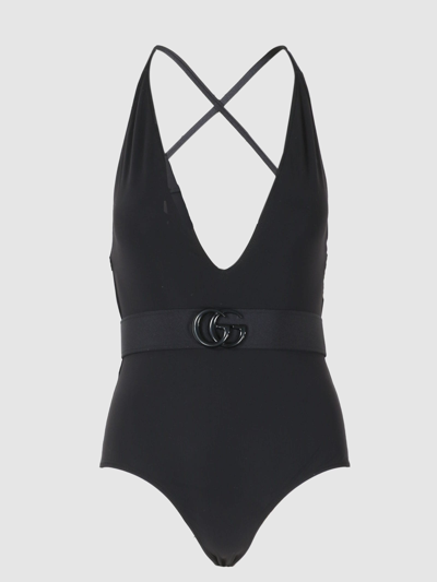 Shop Gucci Gg Belt Swimsuit In Black