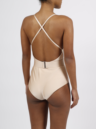 Shop Gucci Gg Belt Swimsuit In Nude & Neutrals