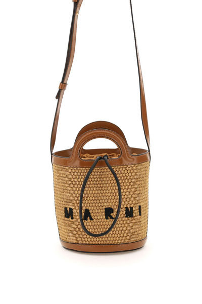 Shop Marni Raffia And Leather Tropicalia Bucket Bag In Raw Sienna (brown)