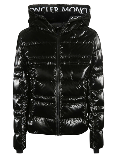 Moncler Tharon Hooded Logo Text Puffer Jacket In Black | ModeSens