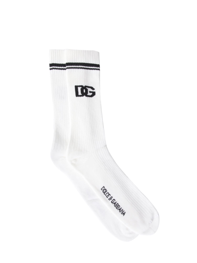 Shop Dolce & Gabbana Socks With Dg Jacquard Logo In Bianco