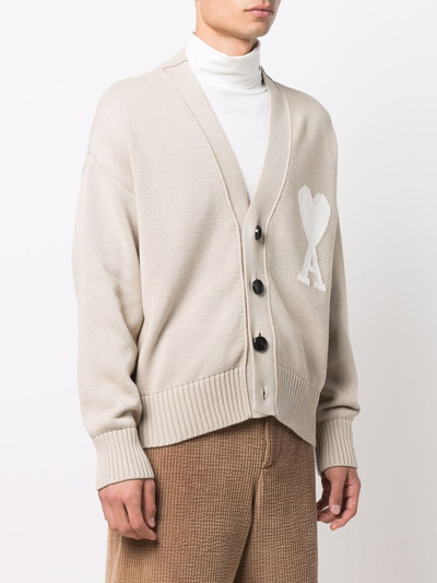 Shop Ami Alexandre Mattiussi Oversize Ami De Coeur V-neck Cardigan In Neutrals