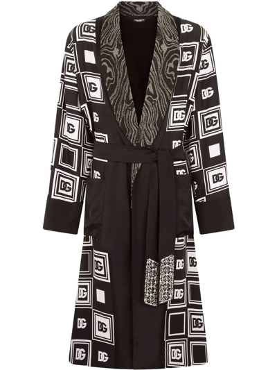Shop Dolce & Gabbana Geometric Logo-print Silk Robe In Black