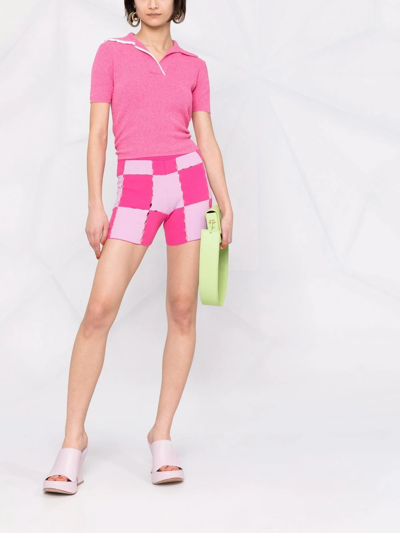 Shop Jacquemus Checkerboard-print Knitted Shorts In Pink