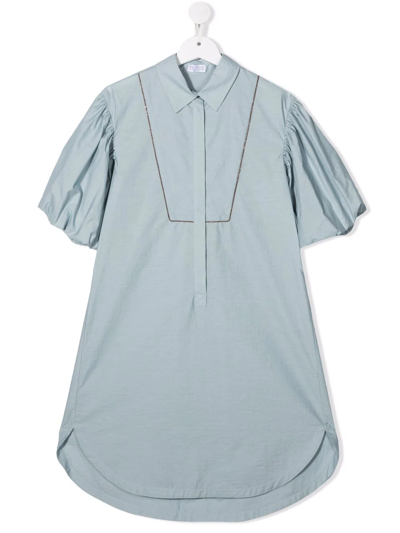 Shop Brunello Cucinelli Teen Puff-sleeve Eco-brass Dress In Blue