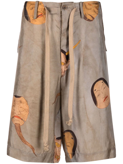 Shop Uma Wang Drawstring Graphic-print Shorts In Neutrals