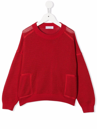 Shop Brunello Cucinelli Mesh Crew Neck Sweatshirt In Red