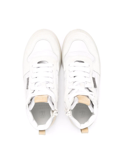 Shop Brunello Cucinelli Embellished Leather High-top Sneakers In White