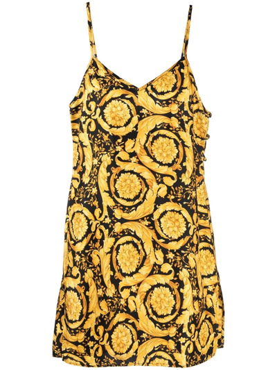 Shop Versace Baroque-print Silk Dress In Yellow