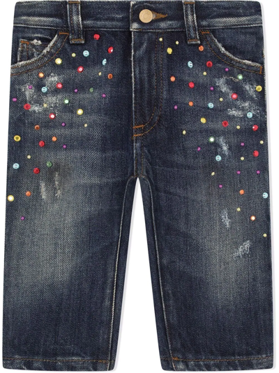 Shop Dolce & Gabbana Cryptal-embellished Straight Leg Jeans In Blue