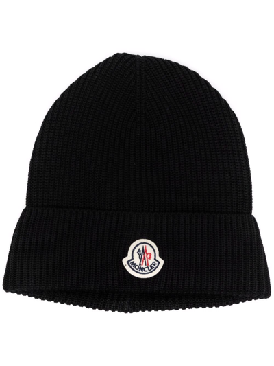 Shop Moncler Ribbed-knit Logo-patch Beanie In Black