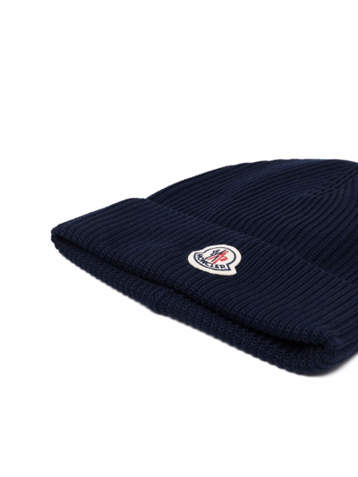Shop Moncler Ribbed Logo-patch Beanie In Blue