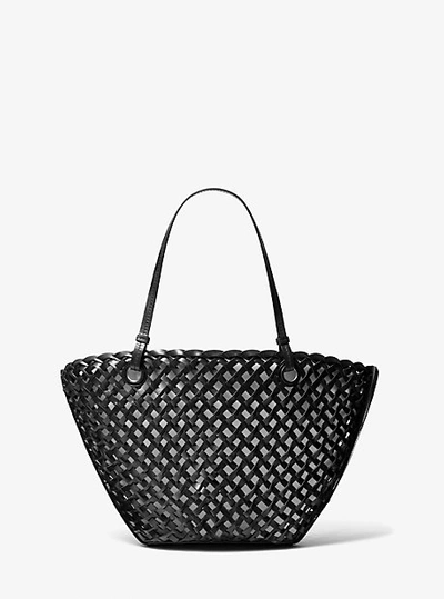 Shop Michael Kors Isabella Medium Hand-woven Leather Tote Bag In Black