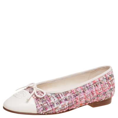 Chanel Cream/Gold Tweed And Leather CC Cap Toe Bow Ballet Flats