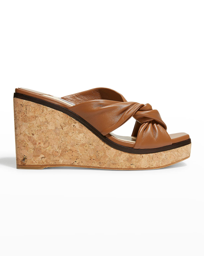 Shop Jimmy Choo Narisa Leather Twist Wedge Sandals In Cuoio