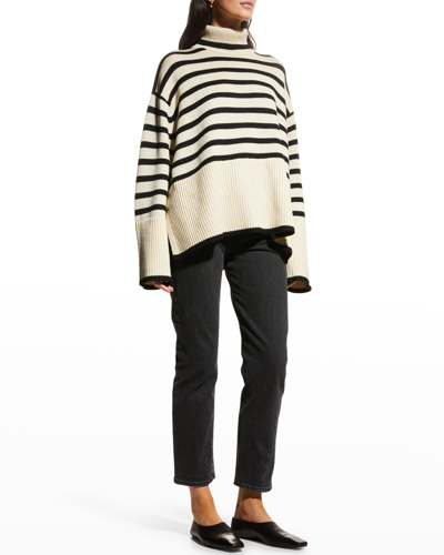 Shop Totême Signature Striped Turtleneck Sweater In Light Sand Stripe