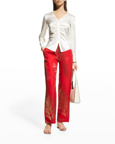 Shop Adriana Iglesias Alessia Metallic Leaf Jacquard Ankle Pants In Red & Gold