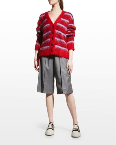 Shop Marni Striped Brushed Mohair Cardigan In Red