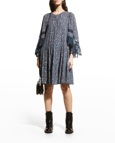 Shop See By Chloé Round-neck Dress With Lace In Multicolor Blue 2