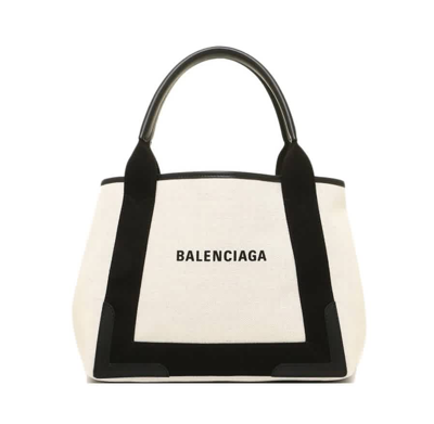 Balenciaga Off-white Cotton Canvas And Black Calfskin Navy Small Cabas ...