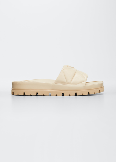 Shop Prada Fussbet Quilted Leather Pool Sandals In Deserto
