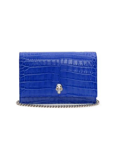 Shop Alexander Mcqueen Small Skull Croc-embossed Leather Bag In Washed Indigo