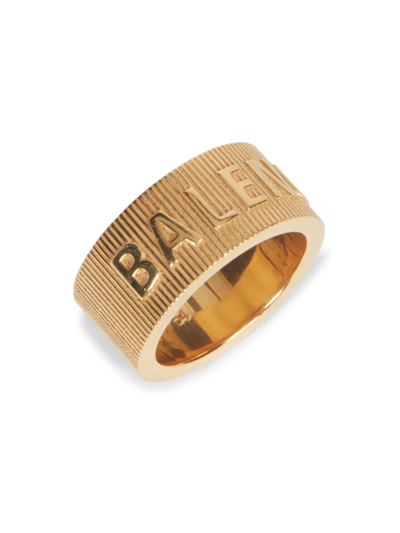 Shop Balenciaga Men's Force Striped Goldtone Logo Ring In Shiny Gold