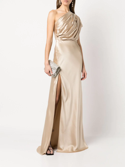 Shop Michelle Mason Asymmetric Open Back Gown In Braun