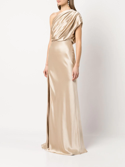 Shop Michelle Mason Asymmetric Open Back Gown In Braun