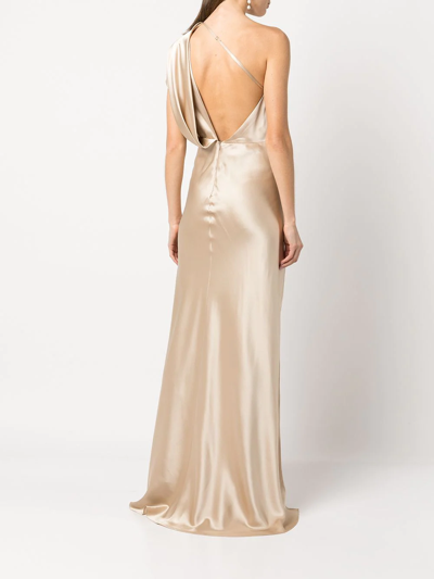 Shop Michelle Mason Asymmetric Open Back Gown In Braun