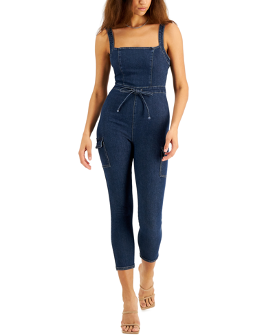 Tinseltown Juniors' Belted Denim Jumpsuit With Ruffle In Dark Wash