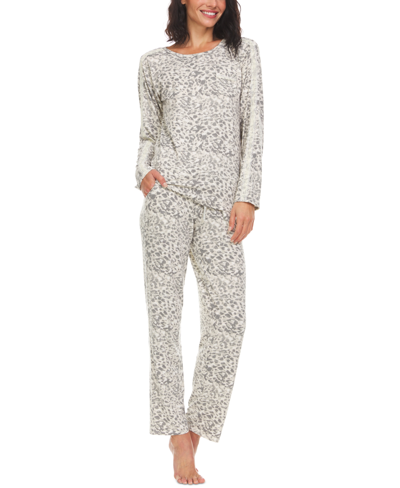 Shop Flora By Flora Nikrooz Erica Lace-trim Printed Knit Pajama Set In Gray