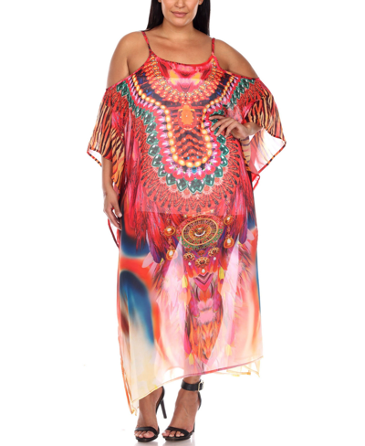 Shop White Mark Plus Size Sheer Maxi Caftan In Red And Orange