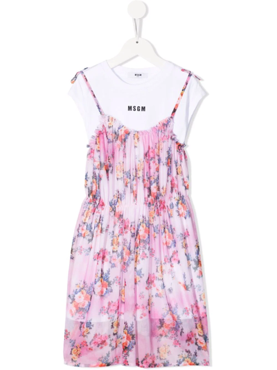 Shop Msgm Floral-print Cotton T-shirt Dress In White