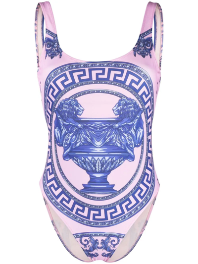 Shop Versace Greek Key-print Swimsuit In Pink