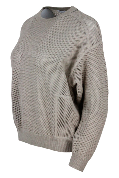 Shop Brunello Cucinelli Sweater With Micro-mesh In Beige