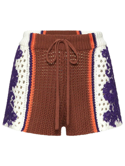 Shop Valentino Lace Panel Crochet Knit Shorts In Brown