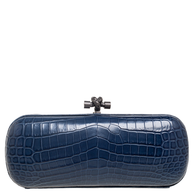 Pre owned Bottega Veneta Blue Crocodile Knot Clutch In Navy Blue ModeSens
