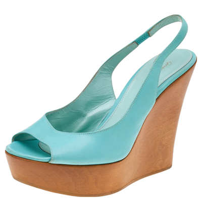 Pre-owned Gianvito Rossi Turquoise Leather Wedge Platform Slingback Sandals Size 38.5 In Blue