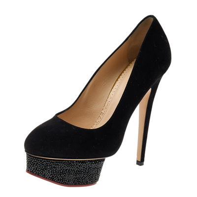 Pre-owned Charlotte Olympia Black Suede Crystal Embellished Dolly Platform Pumps Size 38