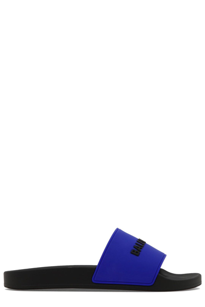 Shop Balenciaga Logo Embossed Slides In Blue