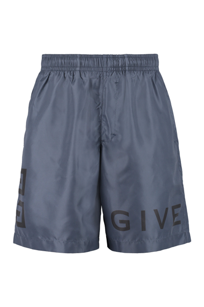 Shop Givenchy Mid Rise Logo Printed Swim Shorts In Blue