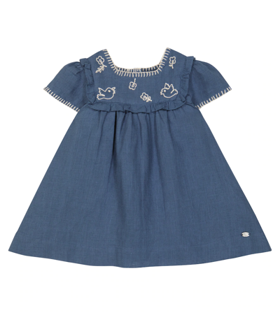 Shop Tartine Et Chocolat Baby Embroidered Linen Dress In Indigo