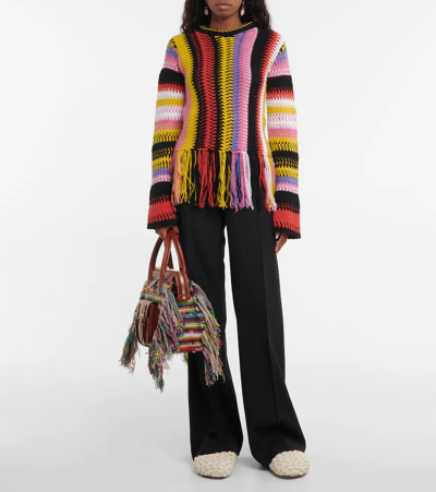 Chloé Fringed Bottom Crochet Sweater With Multicolor Motif In Multicoloured