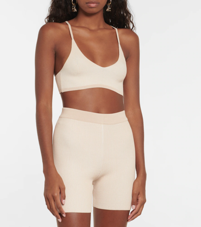 Shop Jacquemus Le Short Arancia Ribbed-knit Shorts In Beige