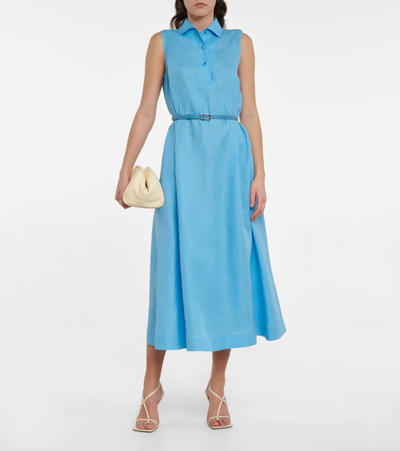 Shop Loro Piana Belted Linen Shirt Dress In Ocean Water