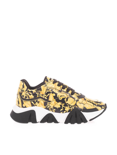 Shop Versace Mens Squalo Barocco-print Sneakers, Brand Size 41 In Black,yellow